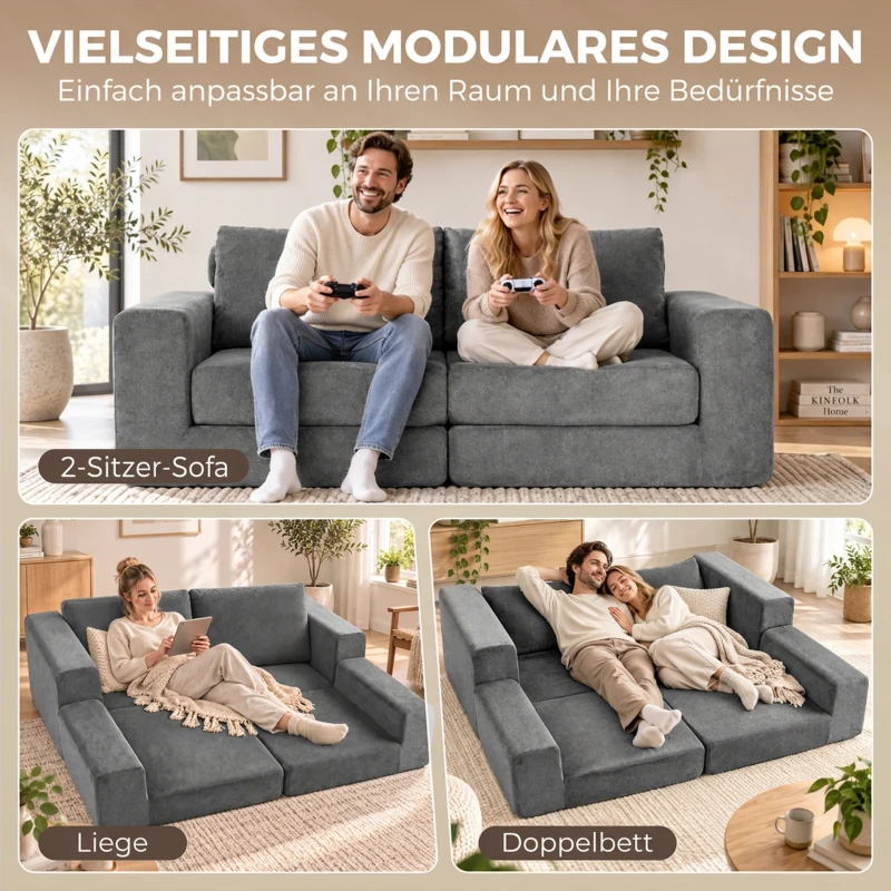 HOMCOM Sofa rozkładana 4-w-1 z funkcją spania, rozkładana, poduszki, 2-osobowa, szara