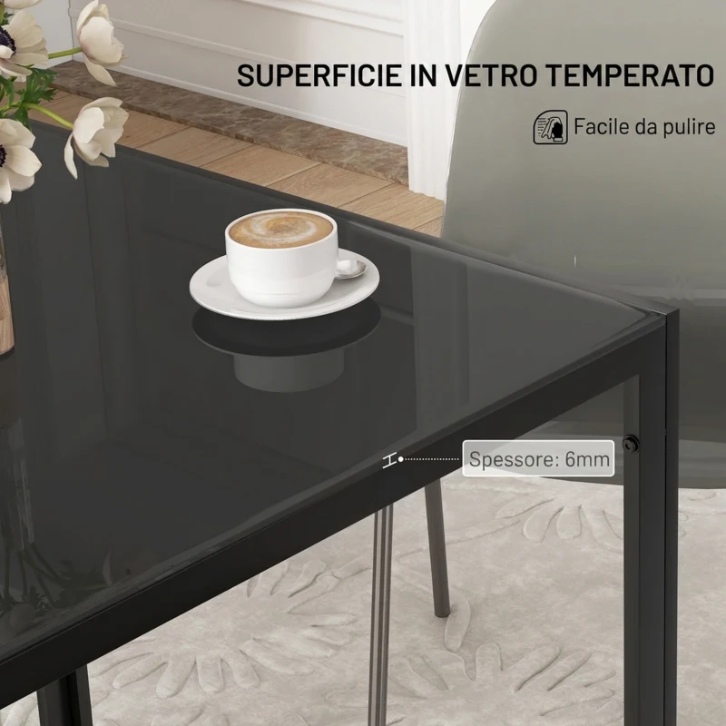HOMCOM Tavolo Quadrato da 4 Persone per Cucina e Soggiorno in Acciaio e Vetro Temperato, 75x75x75 cm, Nero