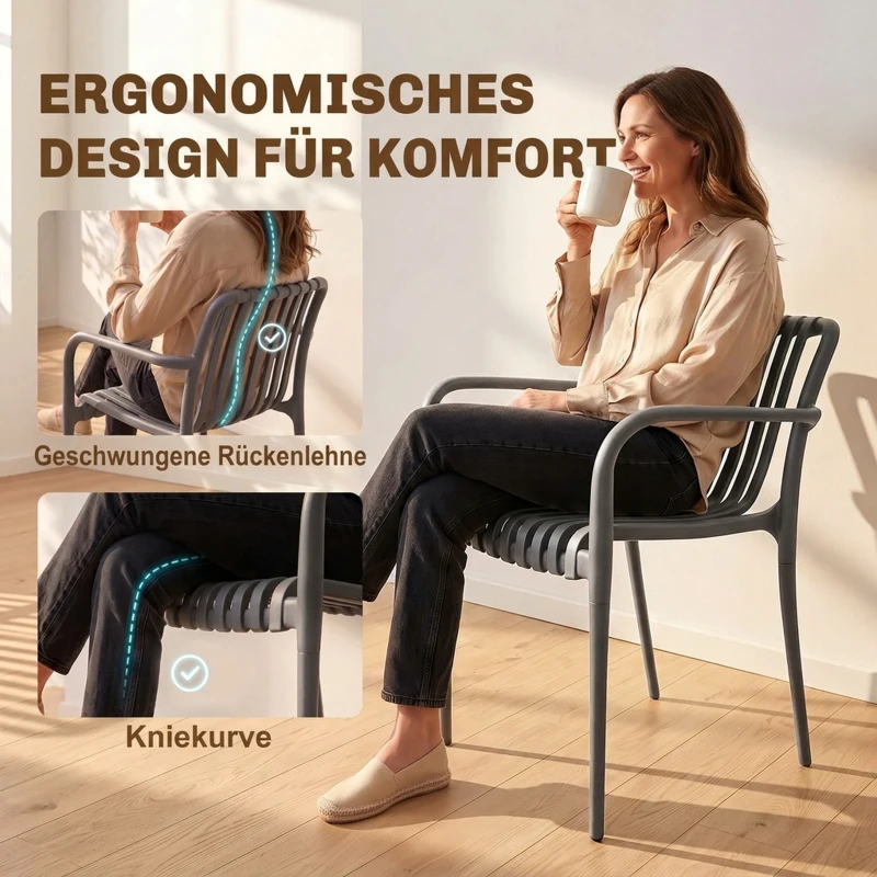 Outsunny Gartenstühle 4er Set Stapelbare Terrassenstühle mit Lamelldesign Armlehnen, Ergonomisch Dunkelgrau