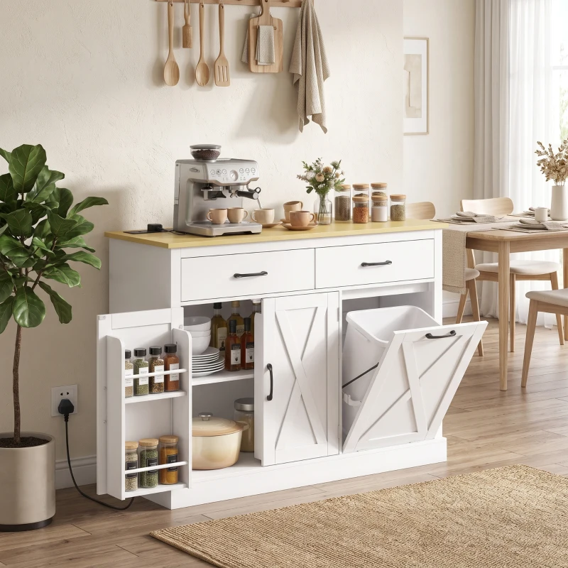 HOMCOM Tilt Out Trash Cabinet with Charging Station, Kitchen Island with Storage, 57 Liter Hidden Rubbish Bin Storage, White