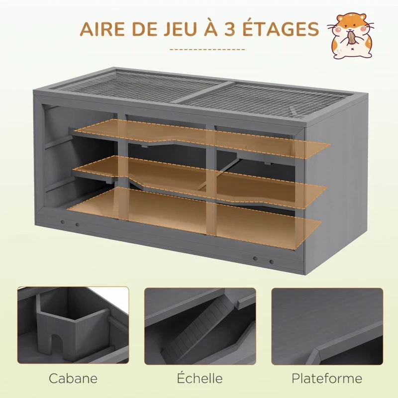 PawHut Cage à hamster cage gerbilles 2 niveaux toit ouvrable fenêtres cabane 2 échelle, 115 x 57 x 55 cm, gris
