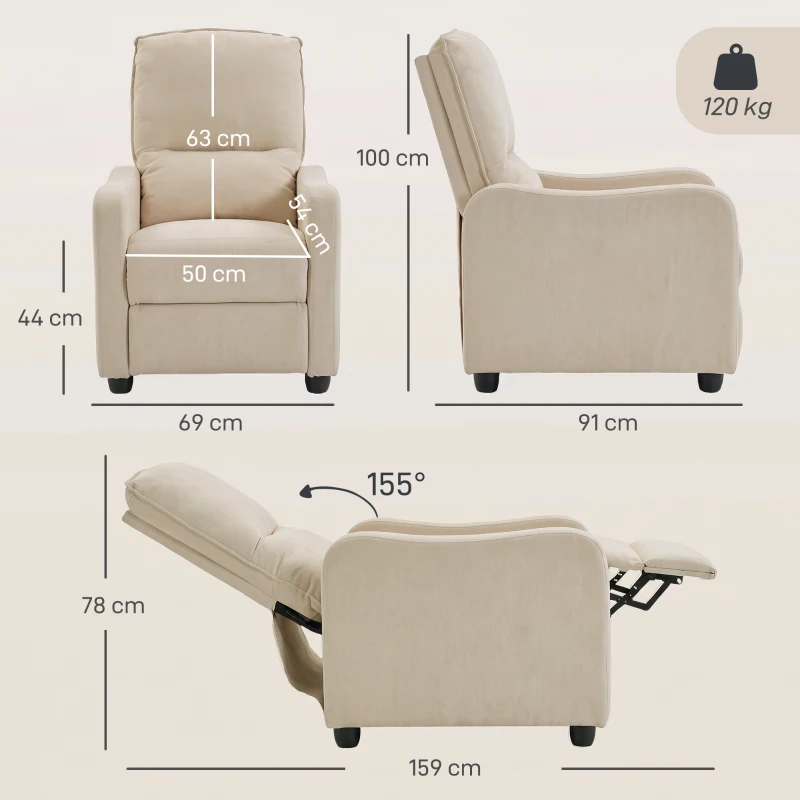 HOMCOM Manuell verstellbarer Relaxsessel bis 155° mit Leinenoptik-Stoff, Fußstütze, Taschenfedern, dicker Polsterung, Creme