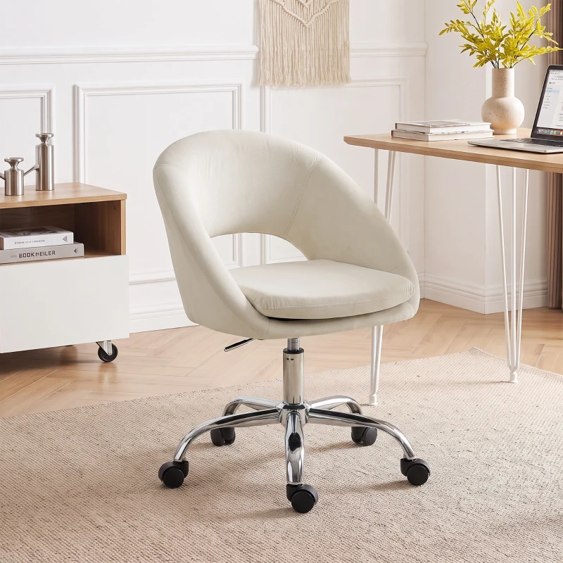 HOMCOM Velvet Desk Chair, Modern Office Chair with Height-Adjustable, Wheels, for Home Study Bedroom, Cream