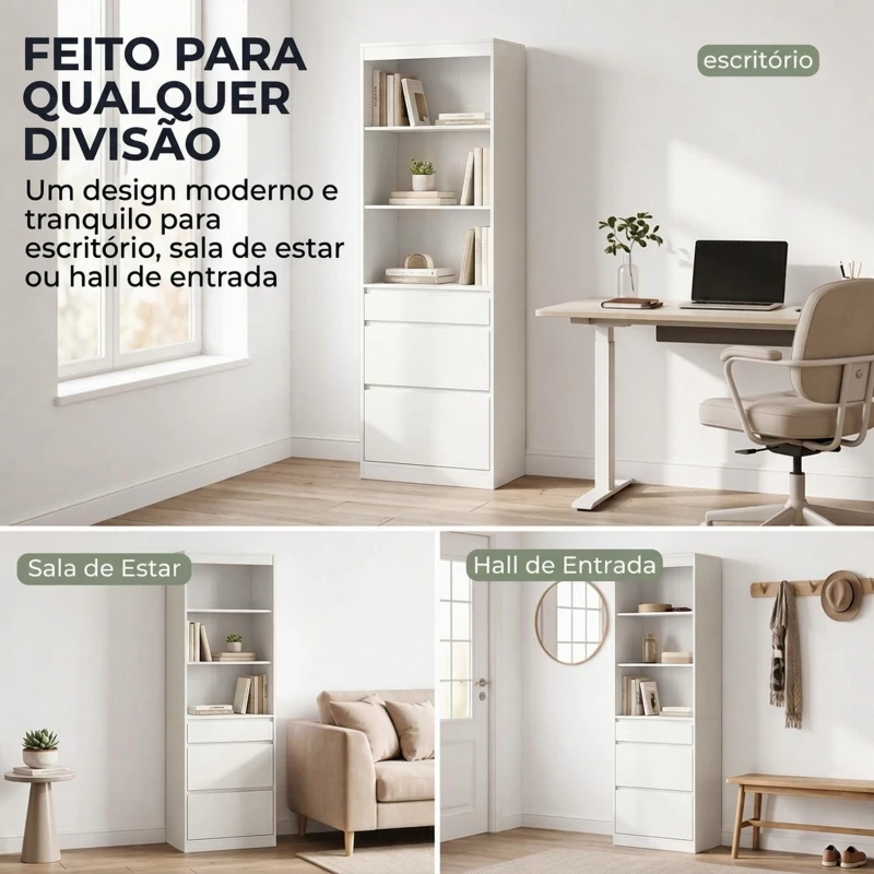 HOMCOM Estante para Livros Alta e Estreita com 6 Níveis 3 Gavetas e 3 Compartimentos Abertos 57x30x180 cm Branco