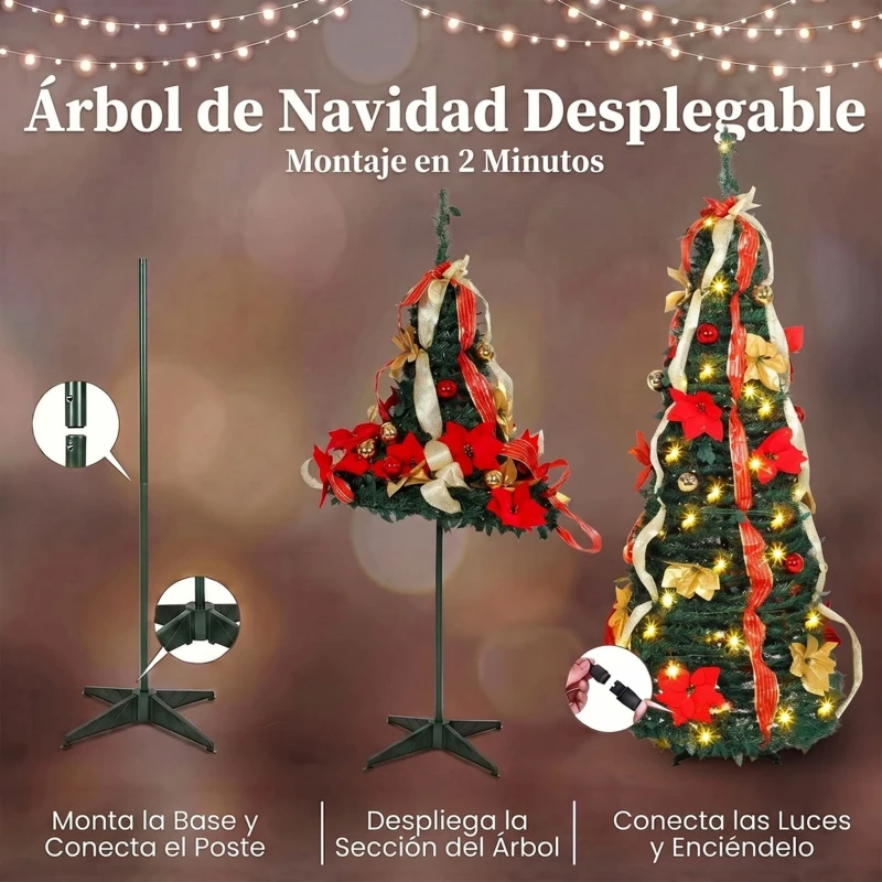 HOMCOM Árbol de Navidad Desplegable 150 cm con 70 Luces LED 11 Modos Mando a Distancia y Decoración Incluida Verde