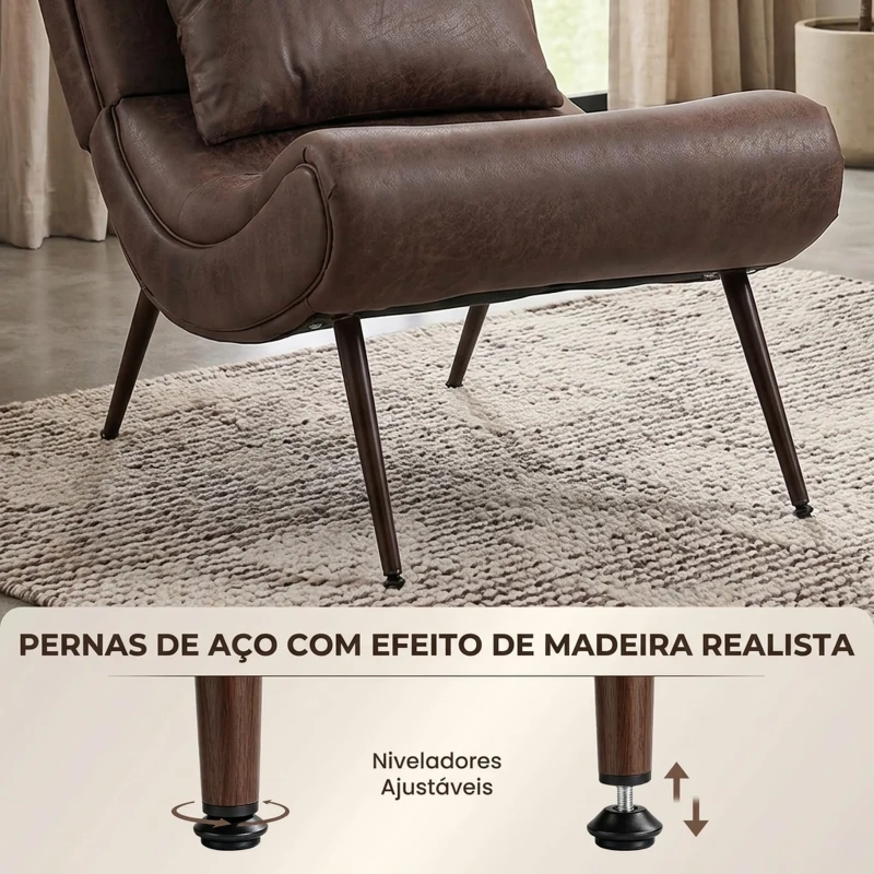 HOMCOM Poltrona retro com apoio para os pés, revestimento em leathaire, assento largo e almofada lombar, castanho-escuro