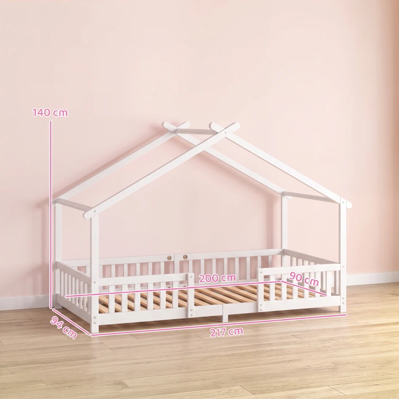 AIYAPLAY Wooden Kids House Single Bed Frame, Solid Pine Wood Toddler Bed with Dual Guardrails for Children, Boys, Girls, White