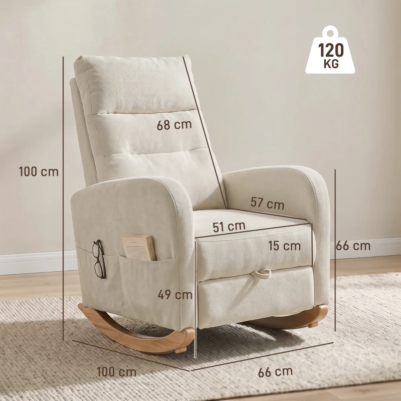 HOMCOM Upholstered Rocking Chair Retractable Footrest Rocker Chair High Back for Living Room Cream White