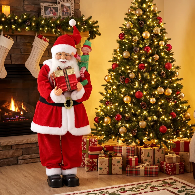 HOMCOM 4ft Singing Dancing Santa Claus, Standing Christmas Animated Santa Figure with Elf, Gift Box, Sound/Touch Activated