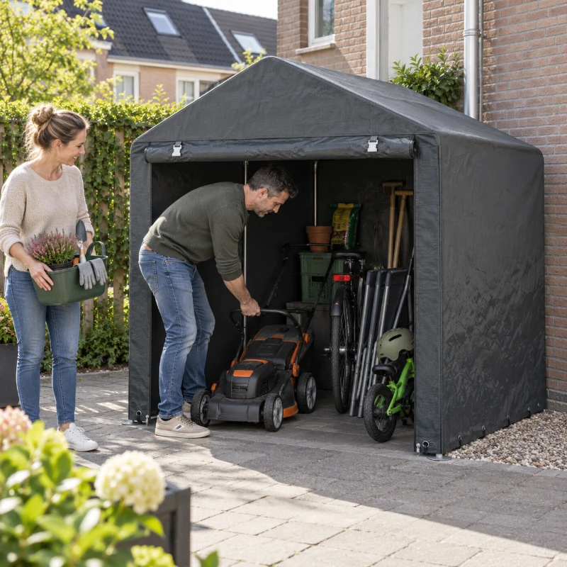 Outsunny Tuinschuur, Tentgarage, Grote Deur, Roestvrij Metalen Frame, 160x218x172 cm, Donkergrijs(m-2)