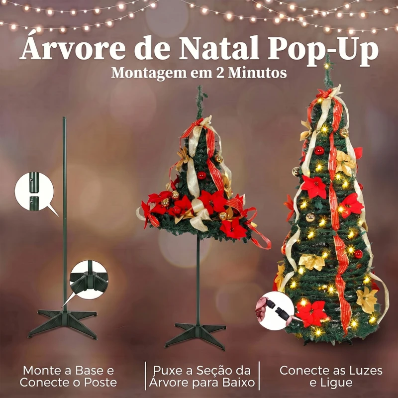 HOMCOM Árvore de Natal Desdobrável 150 cm com 70 Luzes LED, 11 Modos, Comando à Distância e Decoração Incluída, Verde