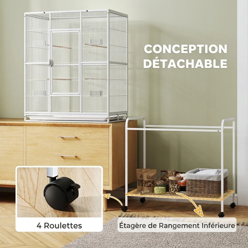 PawHut Cage à Oiseaux Portable avec 4 Mangeoires et 4 Perchoirs Pratique 81 x 48 x 162,5 cm Blanc