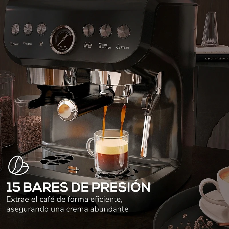 HOMCOM Cafetera Espresso 15 Bares 1600W con Molinillo de 15 Niveles y Vaporizador de Leche para Capuchino y Latte Negro