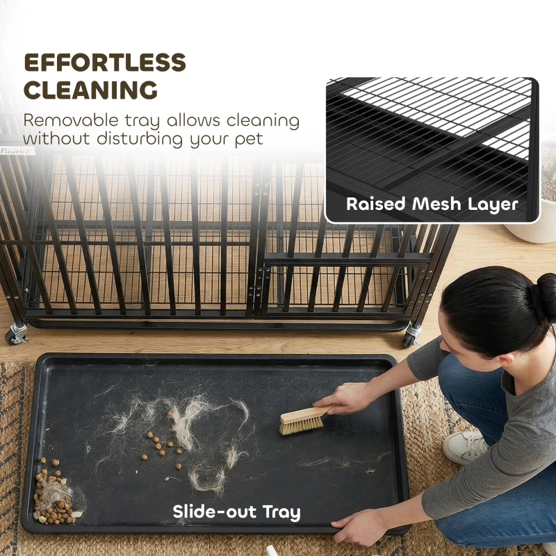 PawHut Heavy Duty Dog Crate, Dog Cage with Wheels for Medium Large Breeds, Metal Pet Kennel with Removable Tray