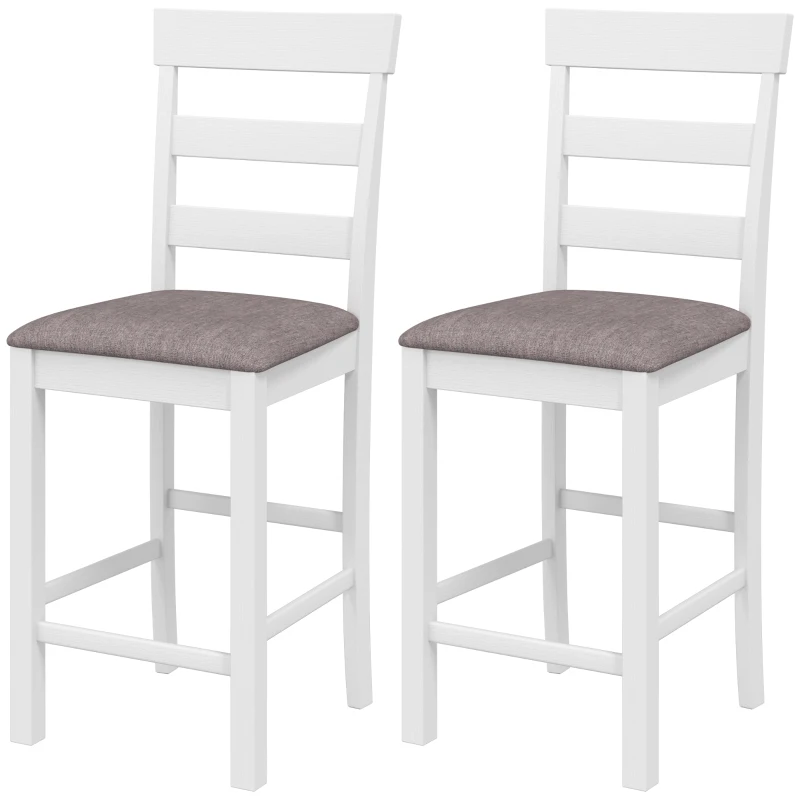HOMCOM Conjunto de 2 Bancos de Bar, Cadeiras de Bar em Madeira Maciça com Assento Acolchoado Efeito Linho e Encosto, Branco e Castanho