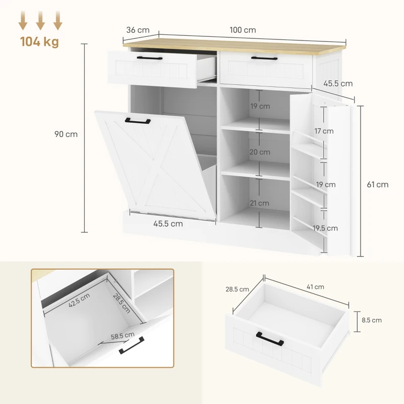 HOMCOM Sideboard with Tilt-out Trash Bin, Farmhouse Kitchen Sideboard with 2 Drawers, Adjustable Shelves, Door Racks, White