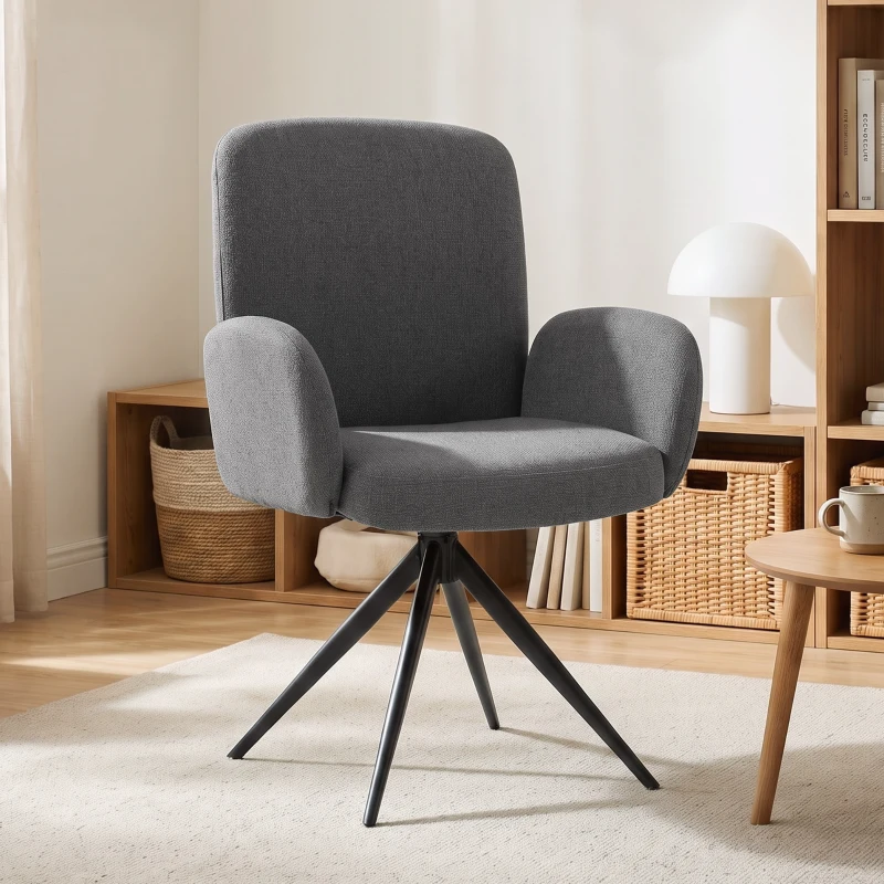 HOMCOM Swivel Accent Chair, Upholstered Linen-Look Armchair with Curved Backrest, Wrapped Armrests for Living Room, Grey