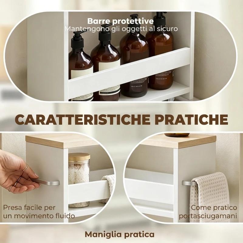 kleankin Carrello Bagno Salvaspazio a 3 Ripiani con Rotelle e Maniglia in Legno, 48x15x80cm, Bianco