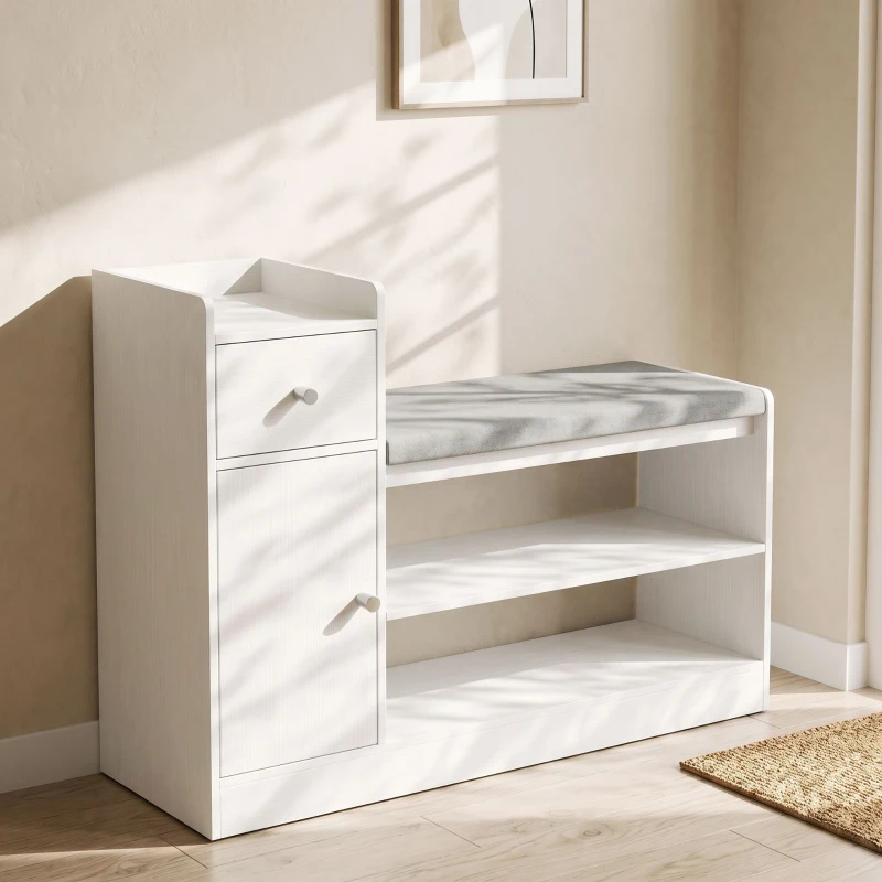 HOMCOM Banco para Sapatos com Gaveta e Armário Banco de Arrumação com Assento Acolchoado Estilo Nórdico 90x29,8x67,8 cm Branco e Cinza
