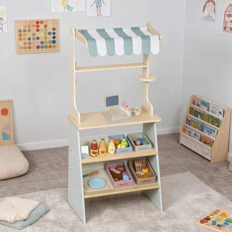 AIYAPLAY Supermarché pour enfant 34 pcs, marchande en bois, tableau noir, caisse enregistreuse et accessoires, 52x30x92,5cm, vert(m-2)