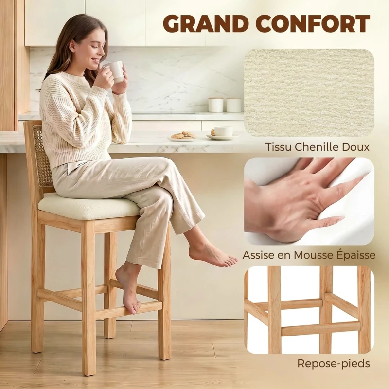 HOMCOM Lot de 2 Tabourets de Bar, Chaises de Bar avec Dossier Effet Rotin, Assise Rembourrée en Chenille de 66H cm, Crème