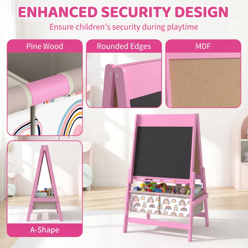 AIYAPLAY Art Easel for Kids, 3-in-1 Kids Easel with Chalkboard, Whiteboard, Paper Roll, Storage, Under-Board Shelf for 3-8, Pink