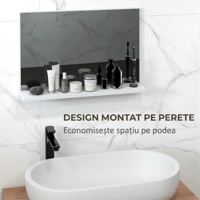kleankin Oglindă de baie de perete cu raft, design modern și multifuncțional, 60x12x40 cm, alb
