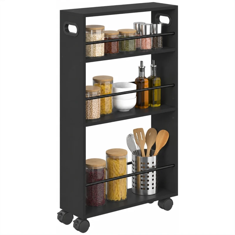 HOMCOM Carrinho Porta-objetos 3 Prateleiras com Rodas em Metal Preto