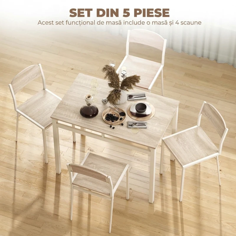 HOMCOM Set Masă de Prânz din 5 Piese cu 1 Masă Dreptunghiulară și 4 Scaune, 100x63x76,5 cm, Gri și Alb