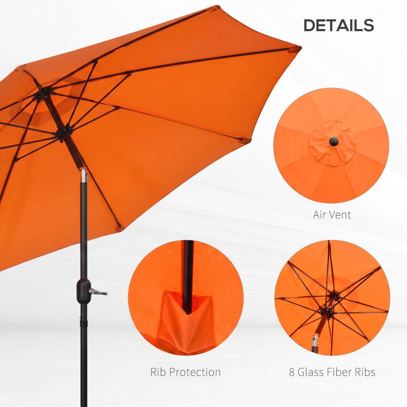 Outsunny 2.6M Patio Parasol Sun Umbrella, Tilt Shade Shelter Canopy with Crank 8 Ribs Aluminium Frame, Orange