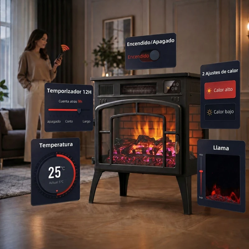HOMCOM Chimenea Eléctrica 1000/2000 W con Efecto Llama 3 Vistas Termostato Wifi 5 Colores Temporizador 12h Negro