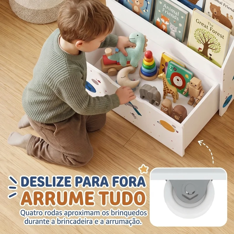 AIYAPLAY Estante Infantil com Gaveta Móvel e 3 Prateleiras, Tema Espaço, Montessori, 3-8 Anos, Branco