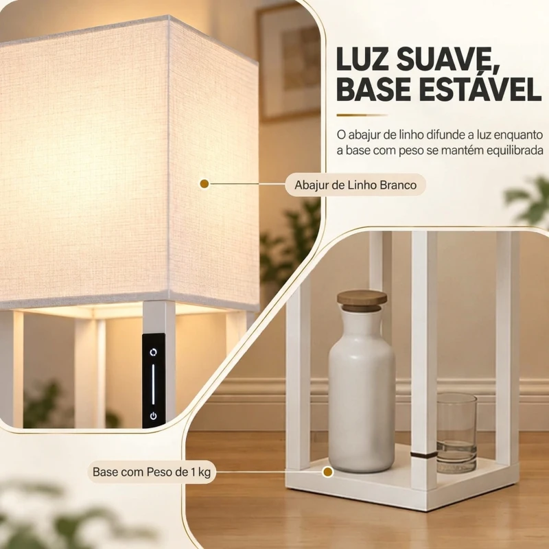 HOMCOM Candeeiro de Pé com 3 Prateleiras, LED Regulável, Controlo Tátil e Remoto, Abajur em Tecido, Lâmpada Incluída, Branco