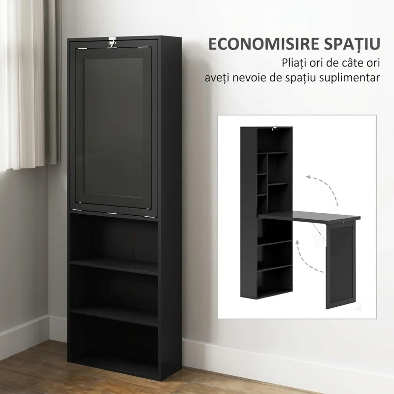 HOMCOM Birou Modern Pliabil cu Bibliotecă și Tablă, din Lemn și Metal, 98x51x153 cm, Negru