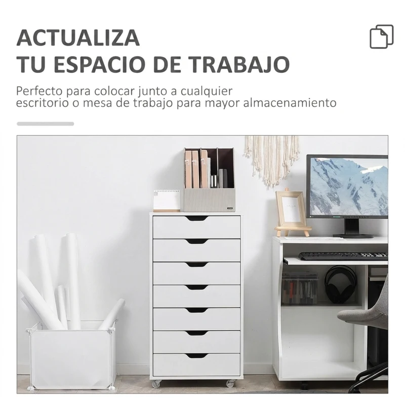 Vinsetto Cajonera de Escritorio con 7 Cajones y Ruedas Archivador Vertical para Estudio Salón 47,5x39,5x90 cm Blanco