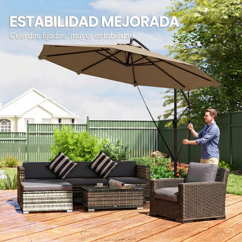 Outsunny Parasol Excéntrico Ø300 cm con Base Cruzada Manivela Funda Protectora y Cuerdas de Viento UPF30+ Caqui