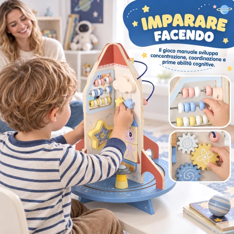 AIYAPLAY Tavolo Educativo Montessori per Bambini in Legno a Tema Razzo con Percorso di Perline, Ingranaggi e Abaco
