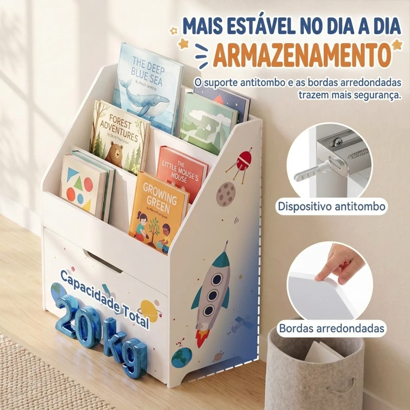 AIYAPLAY Estante Infantil com Gaveta Móvel e 3 Prateleiras, Tema Espaço, Montessori, 3-8 Anos, Branco