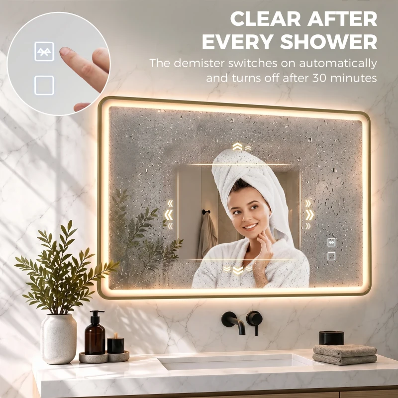 HOMCOM Bathroom Mirror with LED Lights, 100x70cm Rectangle Bathroom Mirror, Dimmable, Bluetooth, Anti-Fog, Gold Tone