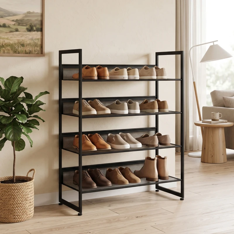 HOMCOM Pantofar Suport pentru pantofi, 4 polițe, 72 cm x 30 cm x 82,7 cm, Negru