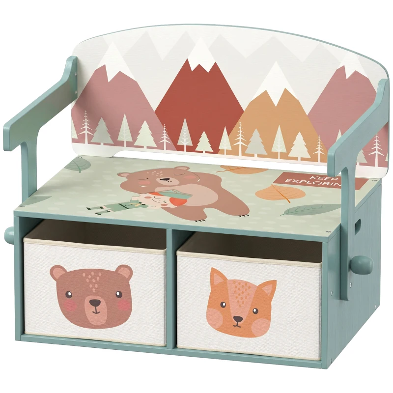 AIYAPLAY Banco Infantil Convertible 3 en 1 Juego de Mesa y Silla Baúl de Juguetes con 2 Cajones de Tela 3-6 Años Verde