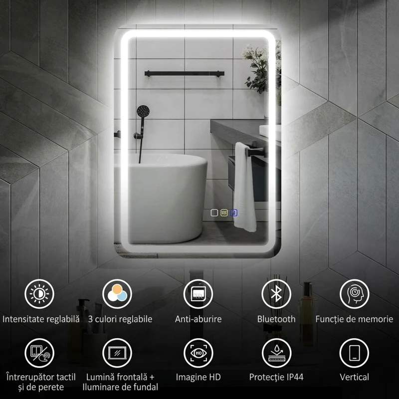 HOMCOM Oglindă de baie LED cu Bluetooth, iluminare reglabilă și funcție de memorie, din sticlă securizată, 70x50x3,5 cm