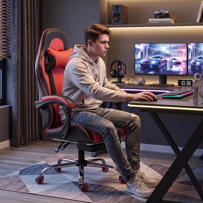 HOMCOM Cadeira Gamer Ergonômica Massageadora com Almofada Lombar Ajustável, Couro Sintético, Apoio para Pés, Vermelha