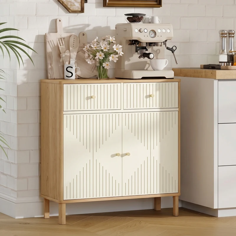 HOMCOM Bufet, corp de depozitare canelat cu blat cu aspect de stejar, 2 sertare, 2 uși, poliță reglabilă, 77x30x80cm, crem