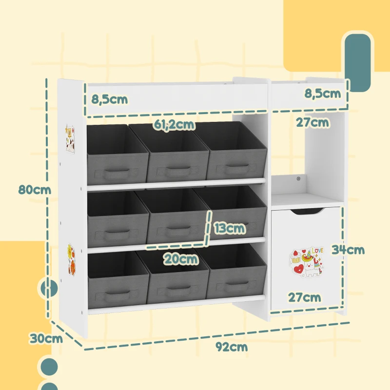 AIYAPLAY Spielzeugregal für Kinder aus Holz mit 9 herausnehmbaren Behältern und Schrank, 92x30x80 cm, Weiß