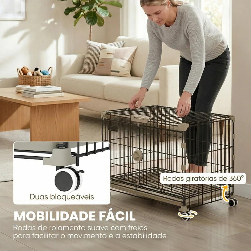 PawHut Gaiola para Cães Dobrável com Rodas, Tabuleiro Amovível, Porta Deslizante e Teto Rebatível 60,5x45,5x54,5 cm Preto