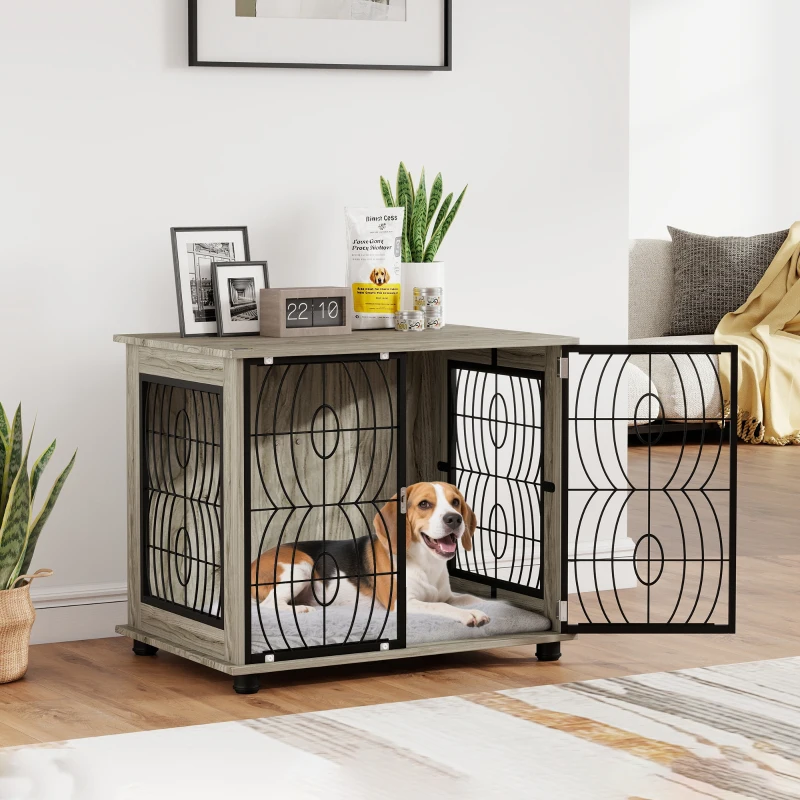 Indoor Dog Crate Furniture End Table w/ Plush Washable Cushion, Lockable Door, for Medium Dogs