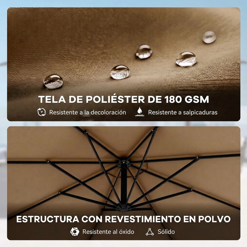 Outsunny Parasol Excéntrico Ø300 cm con Base Cruzada Manivela Funda Protectora y Cuerdas de Viento UPF30+ Caqui