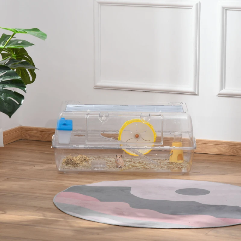 PawHut Cage pour hamster 2 niveaux avec mangeoire abreuvoir maisonnette rampe roue d'exercice 74x46x32 cm transparente