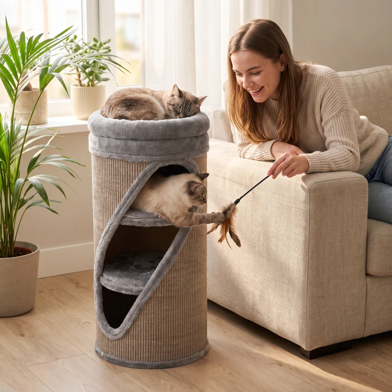 PawHut Arranhador 75 cm de Altura Ø35 cm 4 Níveis com 3 Ninhos Cama de Pelúcia Removível e Lavável Superfície de Sisal